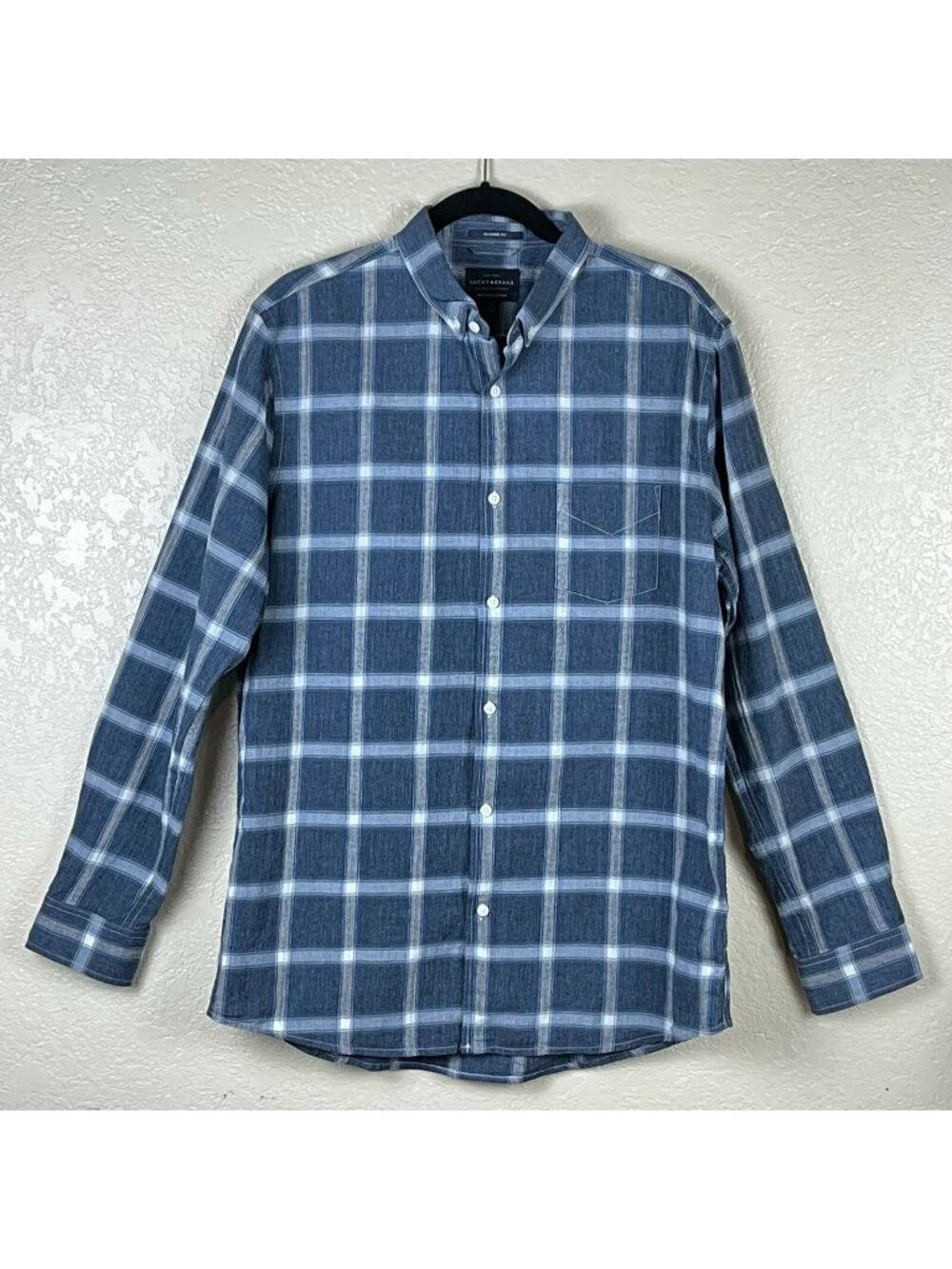 Lucky Brand Shirt Men L Worn Washed Classic Fit Check Button Up Long Sleeve Blue